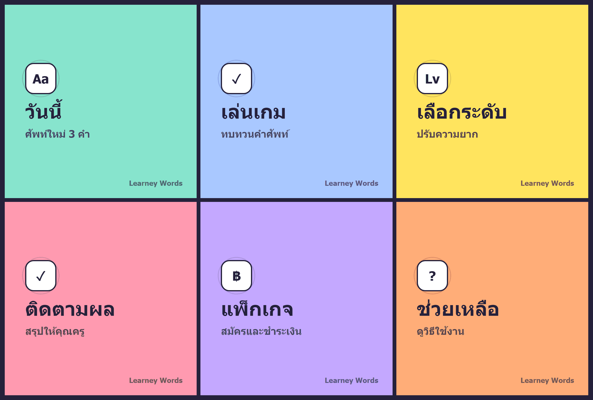 เมนู Learney English ใน LINE สำหรับเรียนคำศัพท์ เล่นเกม เลือกระดับ และดูแพ็กเกจ